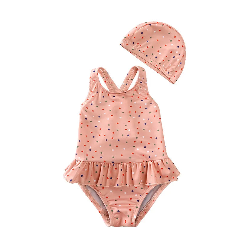 Girls Cute Backless Floral One-piece Swimsuit Baby Bikini Swimwear with hat Sun-proof Beach Vacation Toddlers Kids Chic Swimsuit