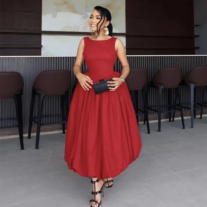 Women Elegant Dress Wedding White Round Neck Bubble Maxi Dresses Sleeveless Pleated A-Line Backless Casual Cocktail Summer Dress