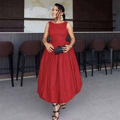 Women Elegant Dress Wedding White Round Neck Bubble Maxi Dresses Sleeveless Pleated A-Line Backless Casual Cocktail Summer Dress