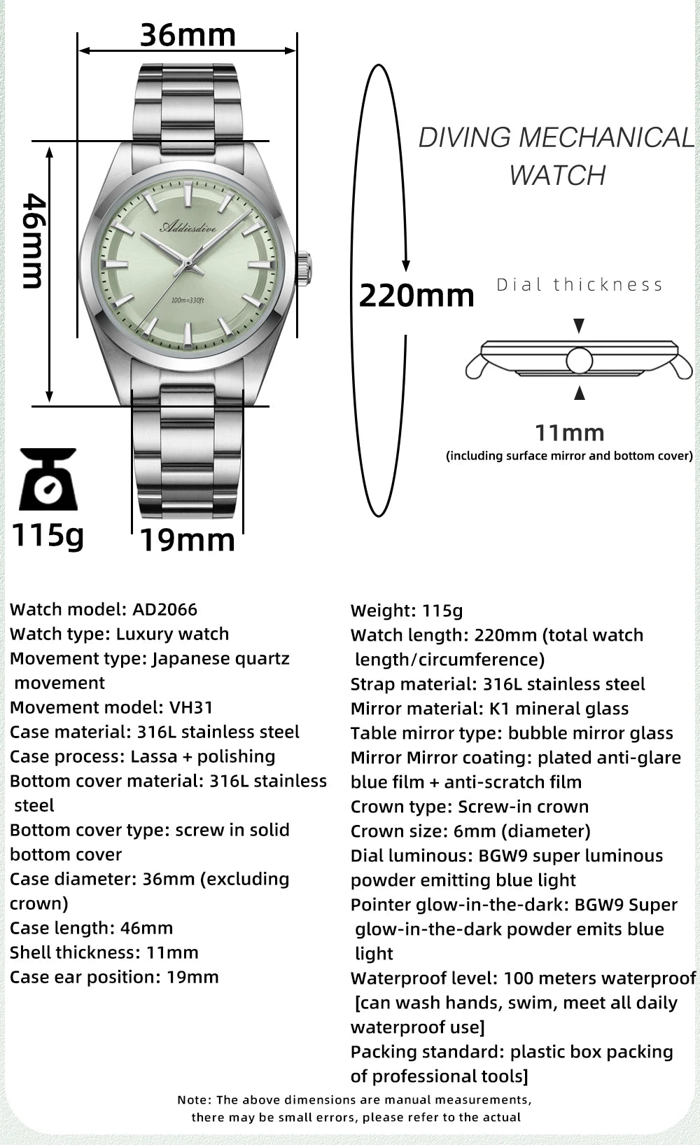 ADDIESDIVE Hot Sale AD2066 Mens Watch 36mm Bubble Mirror Glass Mint Green Quartz Watches Waterproof Luxury Stainless Steel Clock