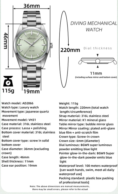ADDIESDIVE Hot Sale AD2066 Mens Watch 36mm Bubble Mirror Glass Mint Green Quartz Watches Waterproof Luxury Stainless Steel Clock
