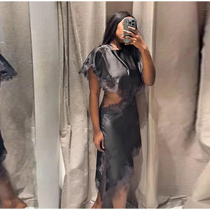 Sexy Lace Patchwork Waist Revealing Dress Women Fashion O-neck Short Sleeve High Waist Slim Dresses Female New Chic Casual Robe