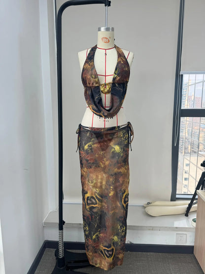2025 New 3PC High Quality Retro Prints Bikini Swimsuit And Skirt Print Deep-V Lace-up Women Bikini Set Swimwear Bathing Suit