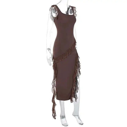 Giyu Sexy Ruffles Summer Dress 2025 Women Clothing Elegant Holiday Club Evening Party Dresses Slash Neck Split Bodycon Long Robe
