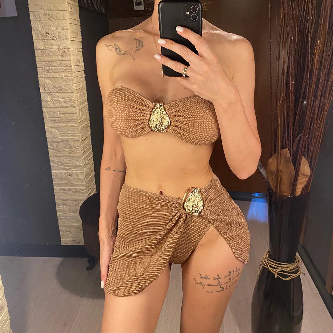 5 Colors With Skirt Bandeau Bikini Female Swimsuit Women Swimwear Three-pieces Bikini set Padded Bather Bathing Suit Swim V6624