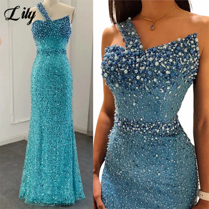 Lily Blue Gorgeous Rhinestones Prom Dresses One Shoulder Sleeveless Evening Dress Pearls Sequins Mermaid Party Gowns Customized