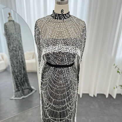 Sharon Said Luxury Pearls Dubai Champagne Evening Dresses with Cape New Arabic Women Mermaid Wedding Party Prom Dress SS369