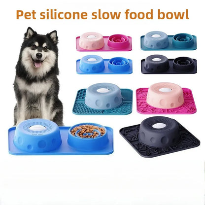 New Double-bowl Pet Licks-and-eats Bowls with Fun Rollers At The Bottom and Suction Cups. for Dogs and Cats. Licking Pads.