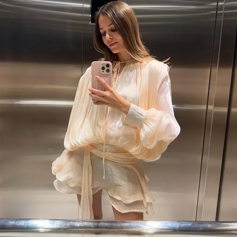 Women Solid O-neck Long Lantern Sleeve Short Dress Fashion Pleated High Waist Lace-up Mini Dresses Summer Vocation Lady Robe