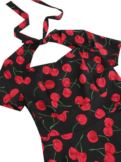 Tonval Sweetheart Neck High Waist Cherry Vintage 50s Midi Dress Short Sleeve Backless Women Tie Back Cotton Rockabilly Dresses