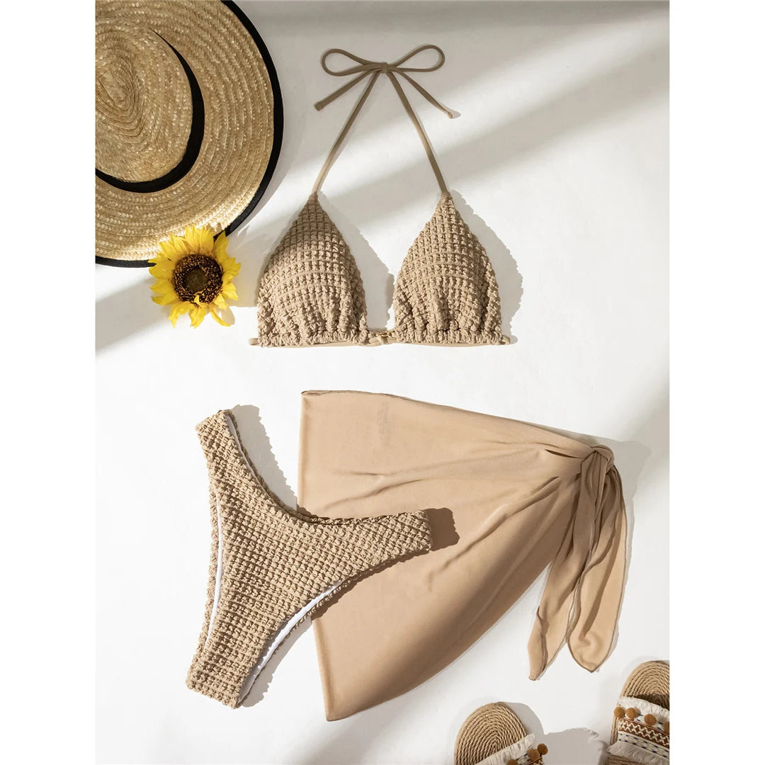 Sexy With Sarong Wrinkled Halter Bikini Female Swimsuit Women Swimwear Three-pieces Bikini set Bather Bathing Suit Swim K5237