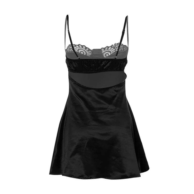 Women's Sexy Lace Patchwork Satin Dress Low-cut Sleeveless Backless Hollow-Out A-line Mini Dresses Sleepwear Y2K Streetwear
