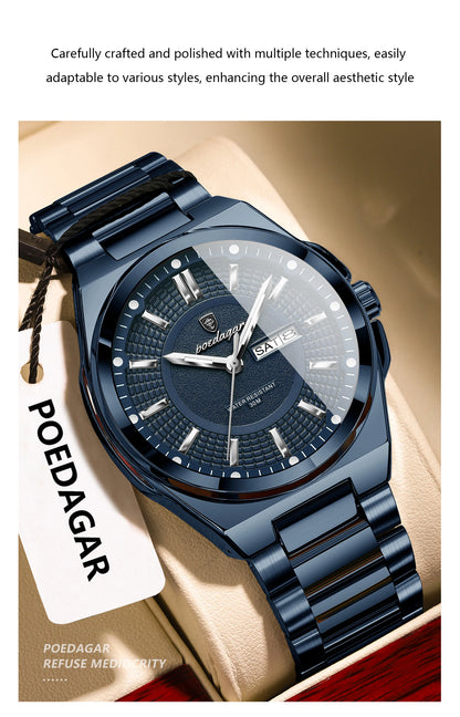 POEDAGAR Top Business Men's Watches Stainless Steel Waterproof Luminous Man Watch Date Week Quartz Casual Fashion Men Wristwatch