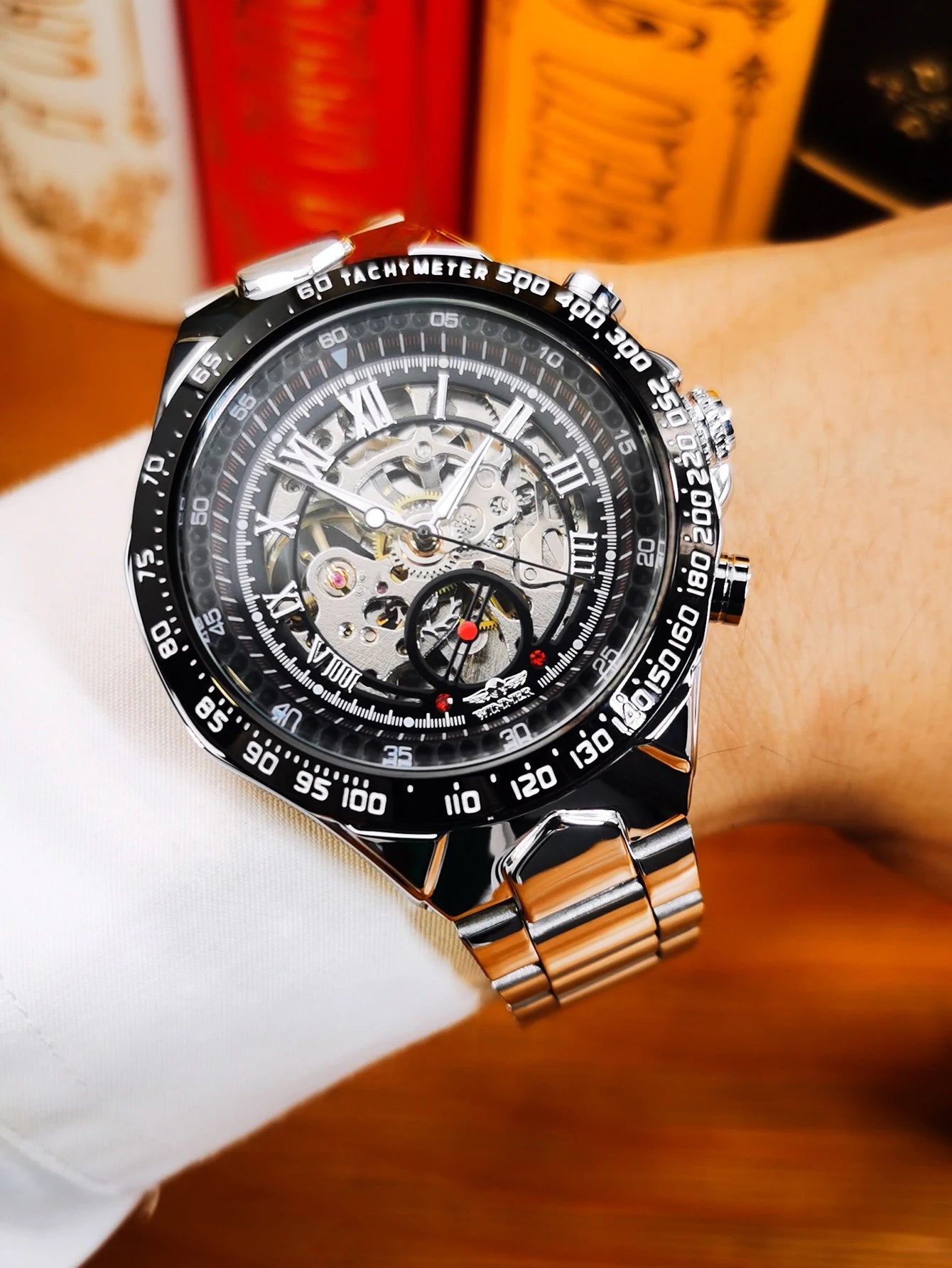 WINNER Gold Transparent Skeleton Automatic Watch for Men Luminous Pointers Luxury Brand Stainless Steel Strap Mechanical Watches