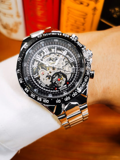 WINNER Gold Transparent Skeleton Automatic Watch for Men Luminous Pointers Luxury Brand Stainless Steel Strap Mechanical Watches