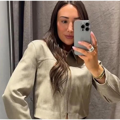 Casual Coats Pants Sets Women'S Turn-down Collar Long Sleeve Zippers Tops High Waist  Trousers 2026 Spring New Lady Chic Suit