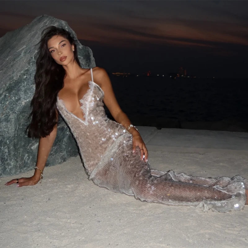 Sequins Lace Splicing Dress Women's Sexy V-veck Shiny Sleeveless Backless Sling Dresses 2026 Spring Summer New Ladies Beach Robe