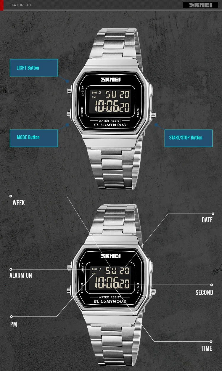 SKMEI 1647 Casual Simple Mens Wristwatches Stainless Steel Band Waterproof Watch Men reloj hombre Retro LED Digital Male Watches