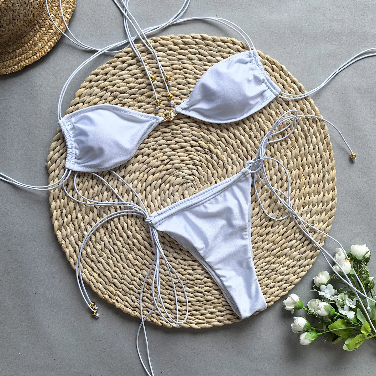 Solid White Black Bikini for Women Cut Out Swimwear Low Waist Swimsuit Micro Bikinis Set Bathing Suit Triangle Beachwear 2024