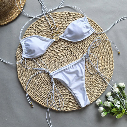 Solid White Black Bikini for Women Cut Out Swimwear Low Waist Swimsuit Micro Bikinis Set Bathing Suit Triangle Beachwear 2024