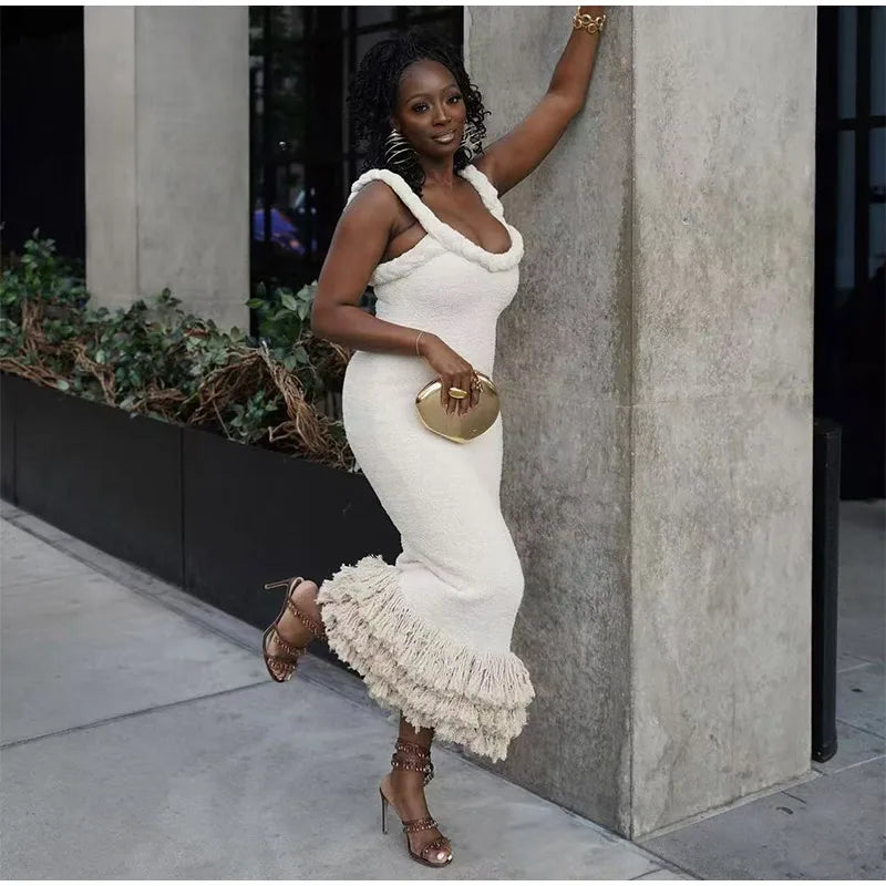 Tassels Hem Twist Strap Knitted Dress Women Sleeveless Backless Slim High Waist Dresses Female Holiday Evening Bodycon Robe