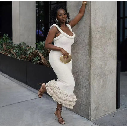 Tassels Hem Twist Strap Knitted Dress Women Sleeveless Backless Slim High Waist Dresses Female Holiday Evening Bodycon Robe