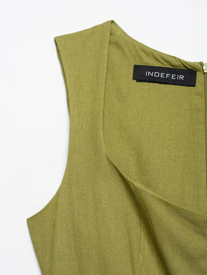 2025 Summer Elegant Dress Women Fashion Solid Square Collar Sleeveless Single Breasted Dress Ladies Vacation Green Spilt Dresses
