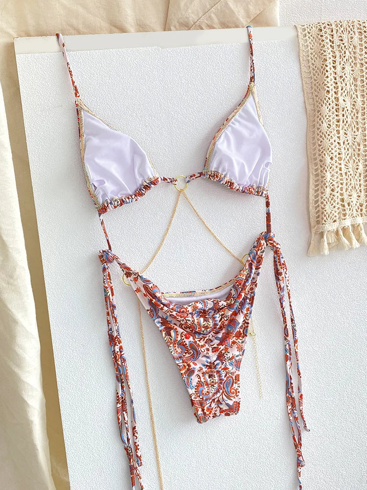 ZRTAK Micro Thongs Swimsuit Women Sexy Bikinis Bathing Suit Rings Biquini Bandage Beachwear Print Swimwear Sexy Bikini Sets
