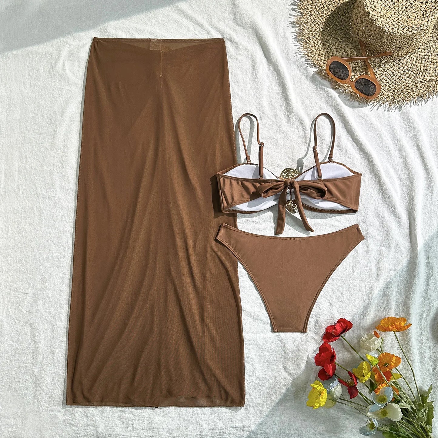 Vintage White Swimsuit Women Metal Oyster Buckle Push Up Mesh Long Skirt 3 Piece Bikini Set 2025 Holiday Bathing Suit Swimwear