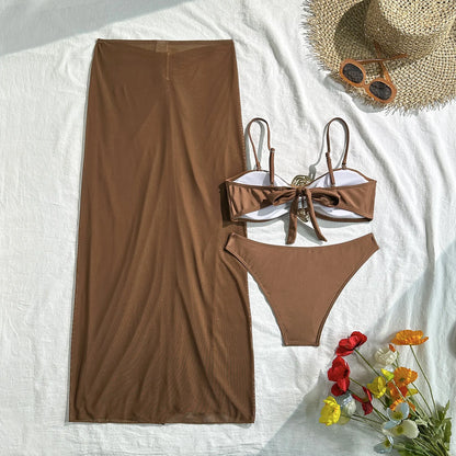 Vintage White Swimsuit Women Metal Oyster Buckle Push Up Mesh Long Skirt 3 Piece Bikini Set 2025 Holiday Bathing Suit Swimwear