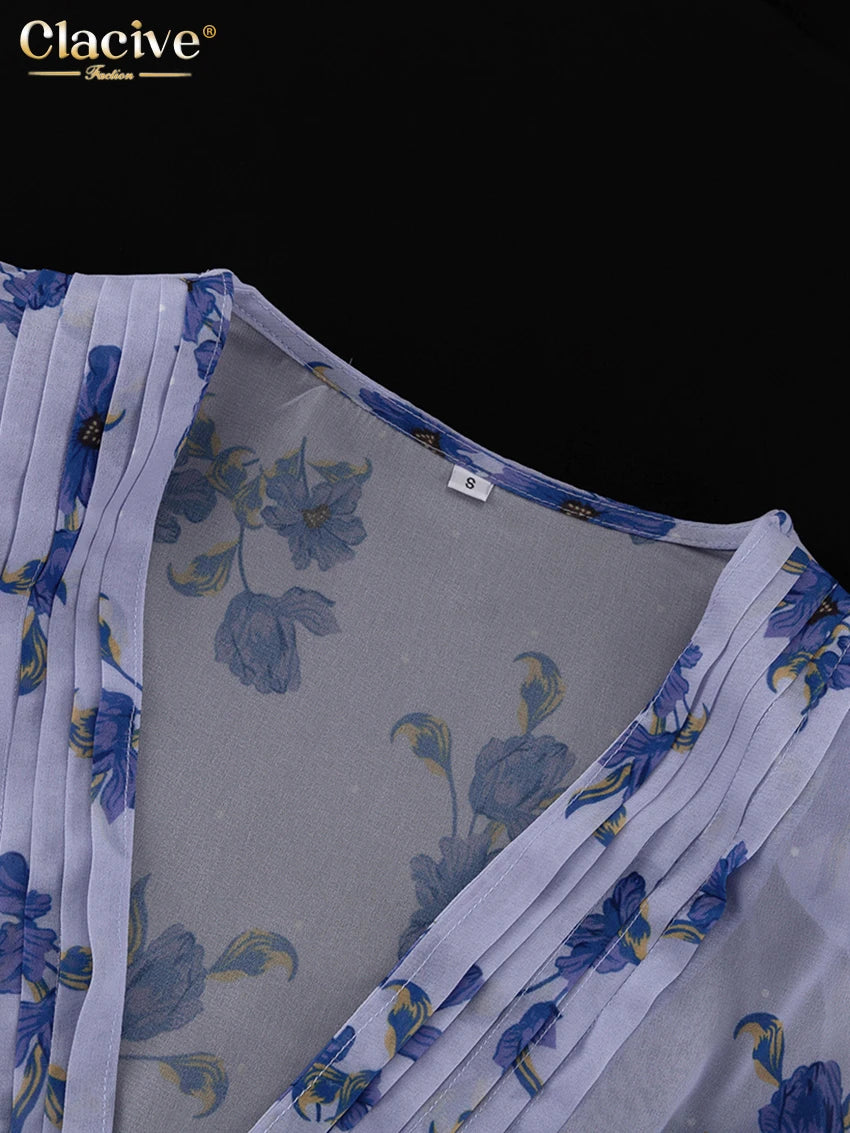 Clacive Fashion Loose Print Women Dress 2025 Sexy Deep V-Neck Short Sleeve Mini Dresses Elegant Classic High Waist Female Dress