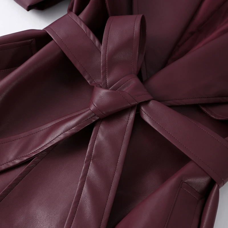 Street Pu Leather Women Long Coat Y2K Solid Belt Lapel Pocket Full Sleeve Female Jacket 2025 Autumn Winter Lady Outwear New