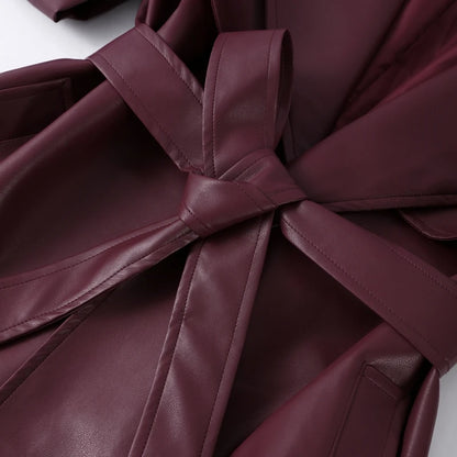Street Pu Leather Women Long Coat Y2K Solid Belt Lapel Pocket Full Sleeve Female Jacket 2025 Autumn Winter Lady Outwear New