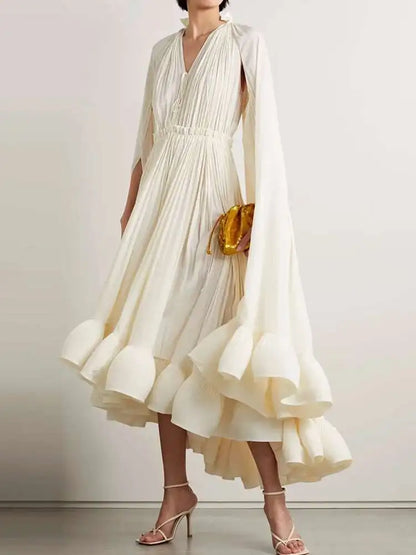 IEQJ Elegant Big Swing Irregular Ruffles Party Maxi Dresses For Women Cloak Sleeves Spliced Lace Up Pleated Dress 2025 New