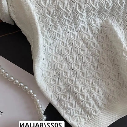 French High end Ice Silk Polo Shirt Women Summer Chic Thin Unique Jacquard Knitted Short Sleeve Loose White T-shirt Women Top