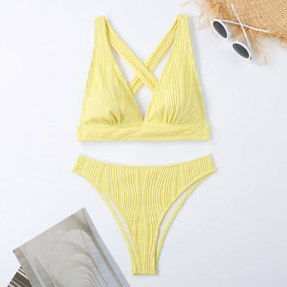 2025 Wrinkled Crinkled Bikini Women Swimwear Female Swimsuit Two-pieces Bikini Set High Cut Bathing Suit Swim Beach Wear Lady
