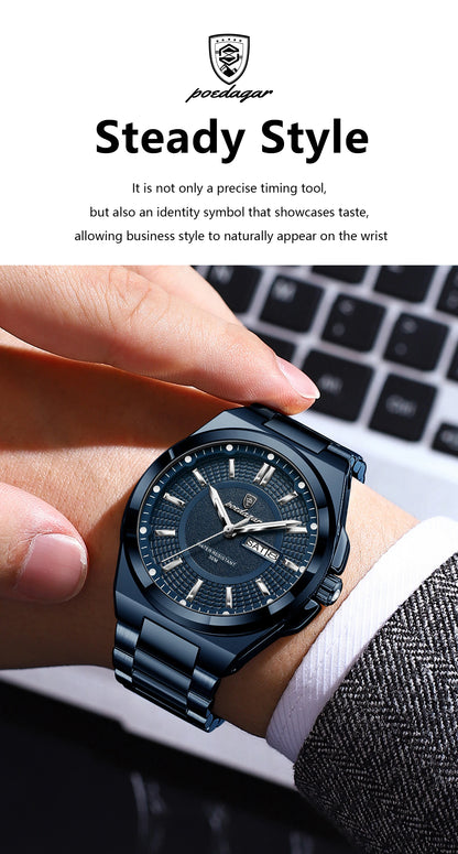 POEDAGAR Top Business Men's Watches Stainless Steel Waterproof Luminous Man Watch Date Week Quartz Casual Fashion Men Wristwatch