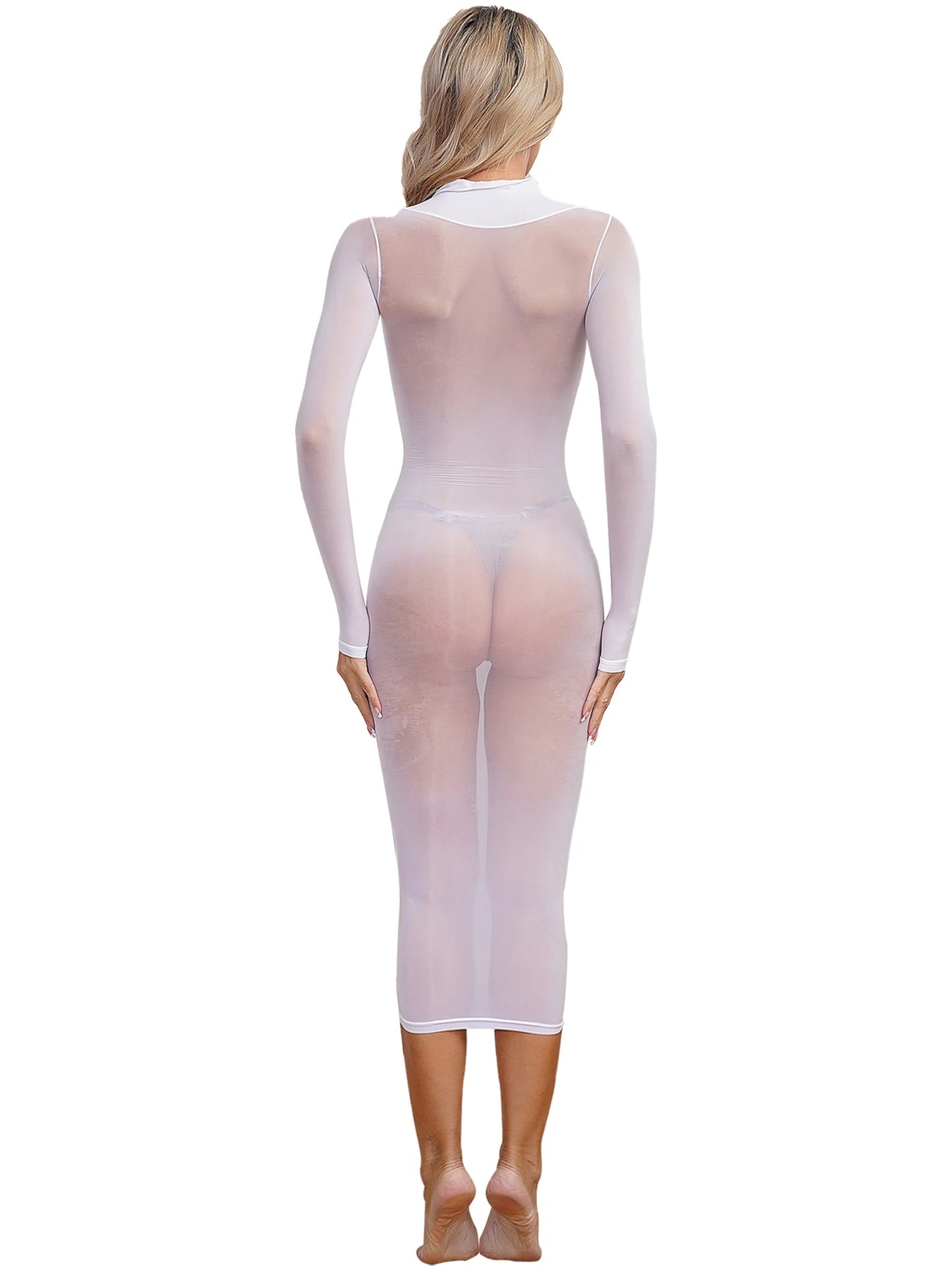 Womens See Though Bodycon Dress Sexy Lingerie Nightwear Long Sleeve Stretchy Glossy Dresses Tempting Party Pole Dancing Clubwear