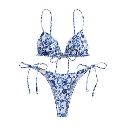 sexy floral print micro bikini blue and white porcelain bikini swimwear swimsuit women biquini thong bikini set bathing suits