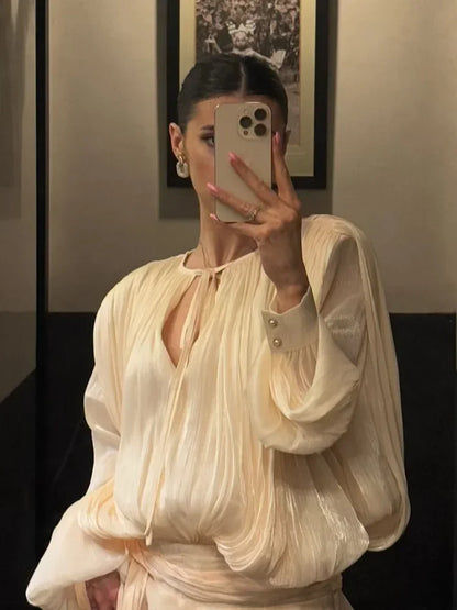 Women Solid O-neck Long Lantern Sleeve Short Dress Fashion Pleated High Waist Lace-up Mini Dresses Summer Vocation Lady Robe