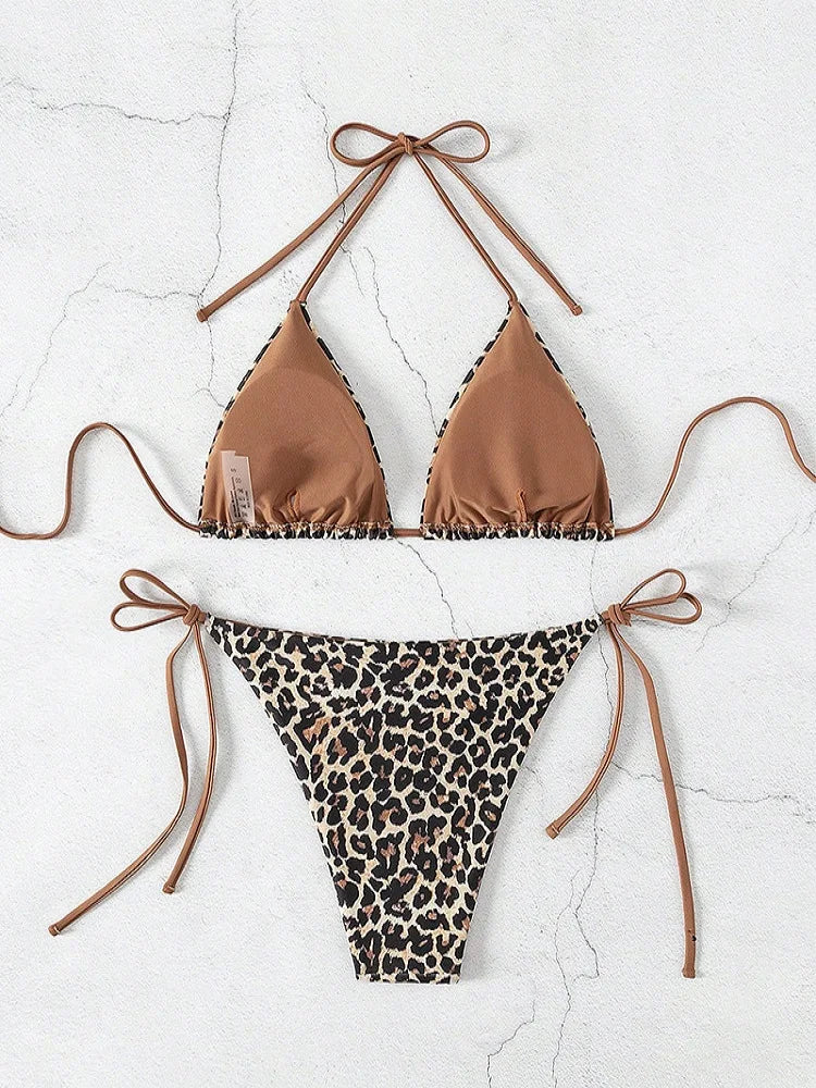 Sexy Leopard Print Two Piece Swimsuit Set Triangle Bra Suspender Halter Backless Bikini Set Beach Vacation Lace-up Swimwear 2025