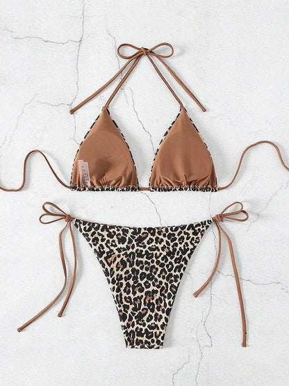 Sexy Leopard Print Two Piece Swimsuit Set Triangle Bra Suspender Halter Backless Bikini Set Beach Vacation Lace-up Swimwear 2025