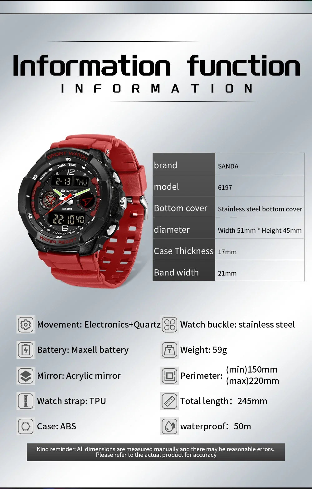 SANDA 6197 Top Class Men's Korean Student Electronic Watch Sports Multi functional Alarm Clock Waterproof Men's Watches 2024