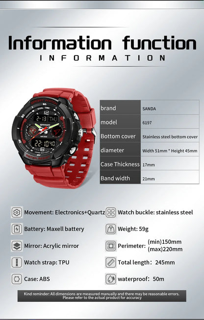 SANDA 6197 Top Class Men's Korean Student Electronic Watch Sports Multi functional Alarm Clock Waterproof Men's Watches 2024
