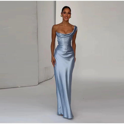 One Shoulder Satin Women 's Maxi Dress Cowl Neck Ruched Waist Bodycon Dresses 2026 Summer Woman Formal Evening Party Vestidos