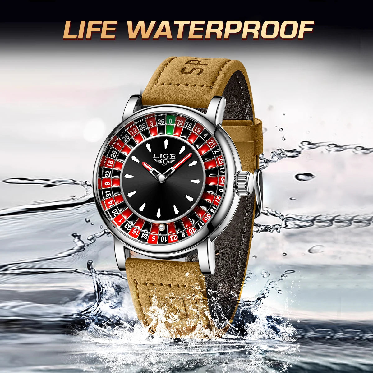 LIGE Quartz Man Watch Fashion Luxury Creative Roulette Game Dial Design Leather Casual Life Waterproof Watches for Men Gifts+Box