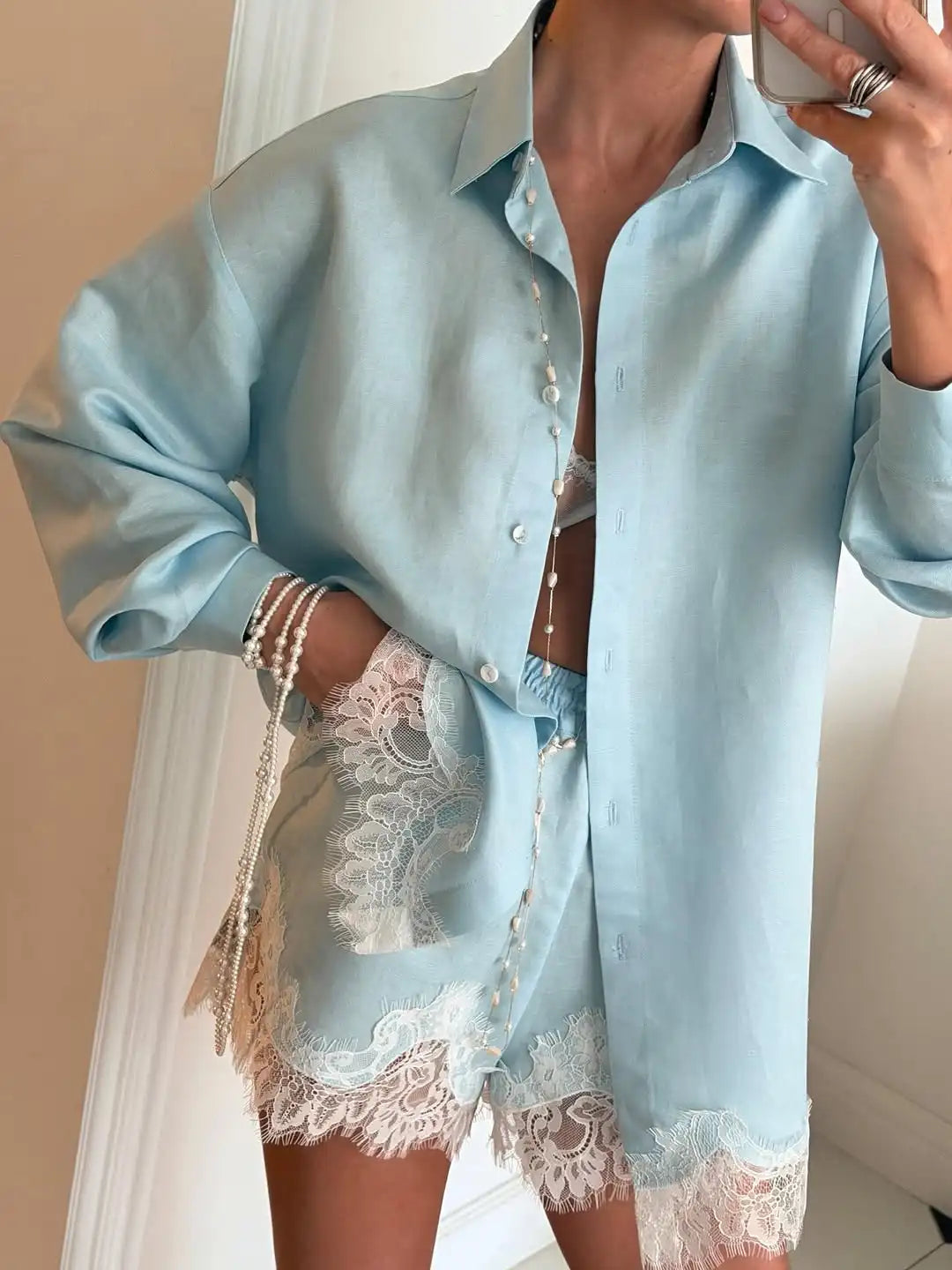 Solid Lapel Lace Patchwork Half Sleeve Shorts Set Women Chic Single Breasted Tops Pockets Pants Suits 2026 Daily Street Outfits