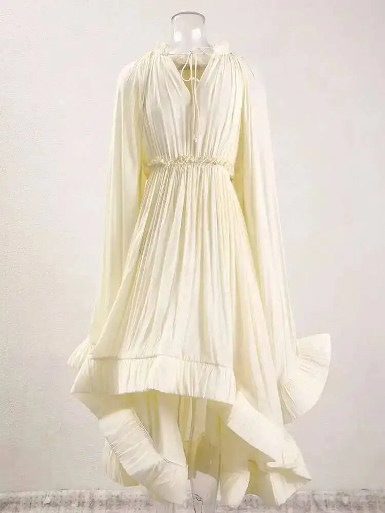 IEQJ Elegant Big Swing Irregular Ruffles Party Maxi Dresses For Women Cloak Sleeves Spliced Lace Up Pleated Dress 2025 New