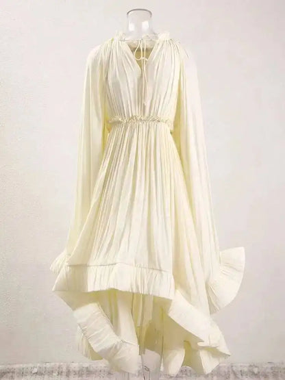 IEQJ Elegant Big Swing Irregular Ruffles Party Maxi Dresses For Women Cloak Sleeves Spliced Lace Up Pleated Dress 2025 New