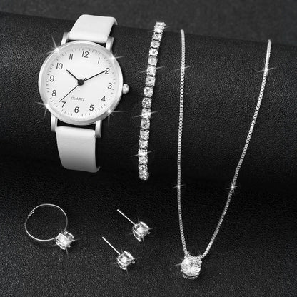 5/6PCS Fashion Women's Quartz Watch Leather Band Analog Quartz Watches with Diamond Jewelry (Without Box)